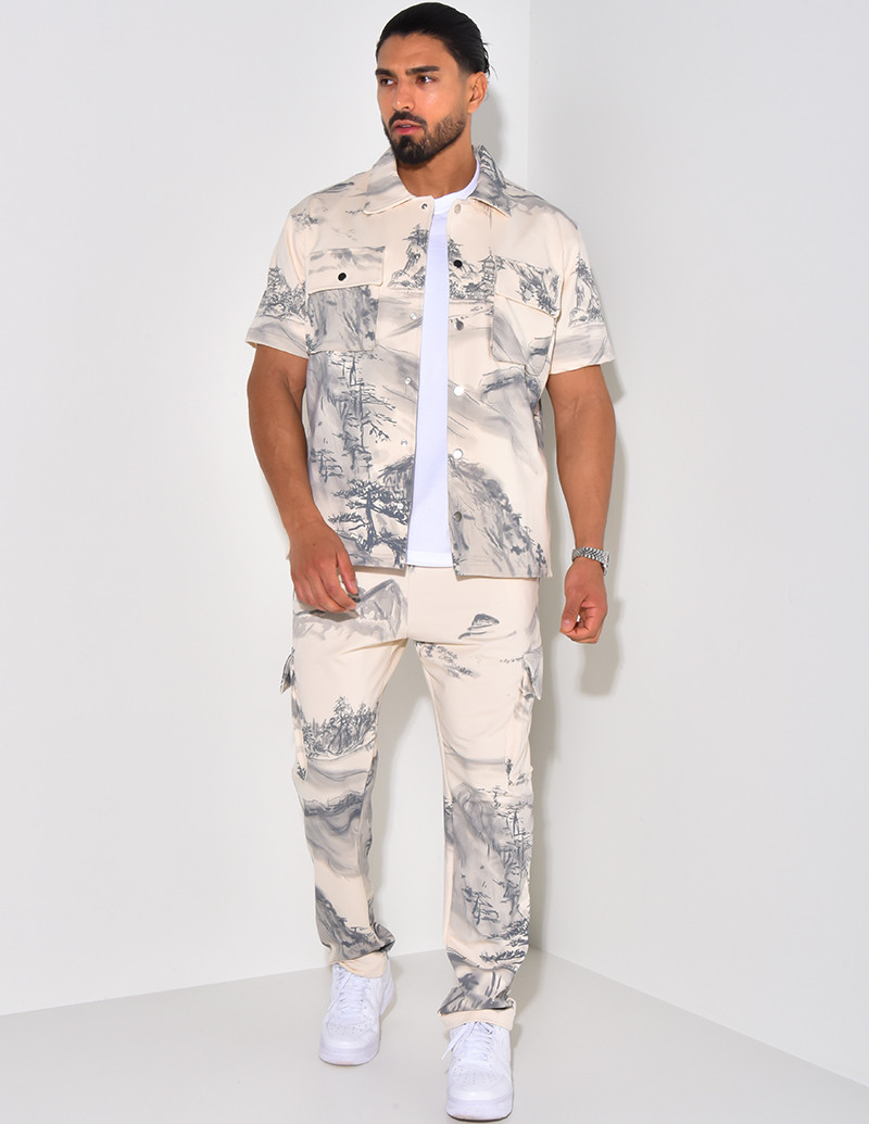 Ensemble pantalon et chemise manche courtes à motifs paysages
