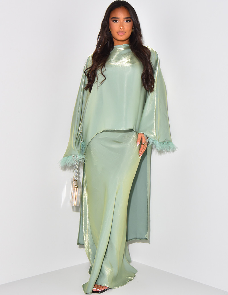 Asymmetrical feathered tunic and iridescent skirt set