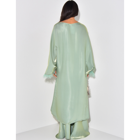 Asymmetrical feathered tunic and iridescent skirt set Asymmetrical feathered tunic and iridescent skirt set