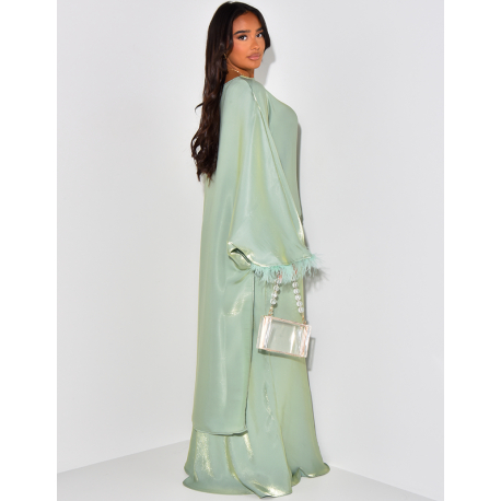 Asymmetrical feathered tunic and iridescent skirt set Asymmetrical feathered tunic and iridescent skirt set