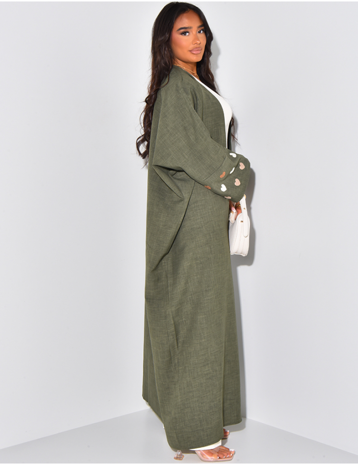 Linen effect kimono with embroidered hearts on the sleeves