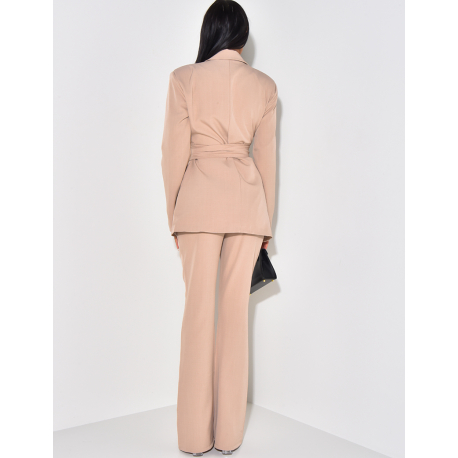 Ensemble de tailleur à ceinture large et pantalon évasé effet lin