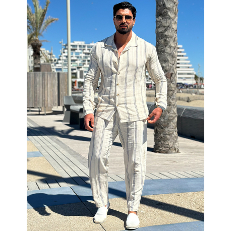 Ensemble pantalon et chemise manches longues à rayures