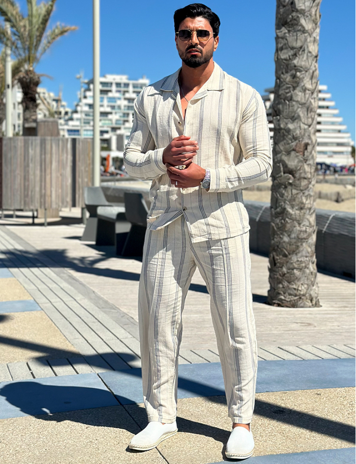 Ensemble pantalon et chemise manches longues à rayures