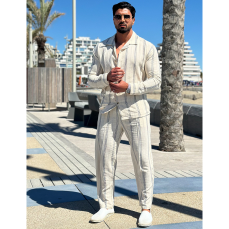 Ensemble pantalon et chemise manches longues à rayures