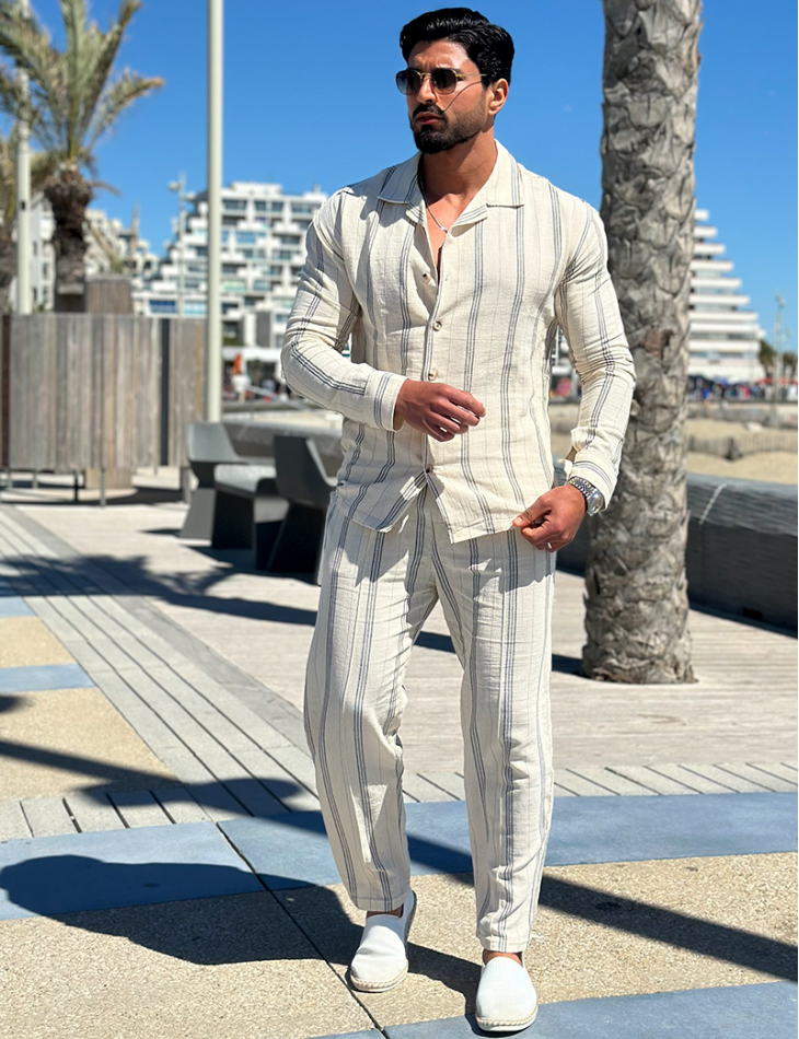 Ensemble pantalon et chemise manches longues à rayures