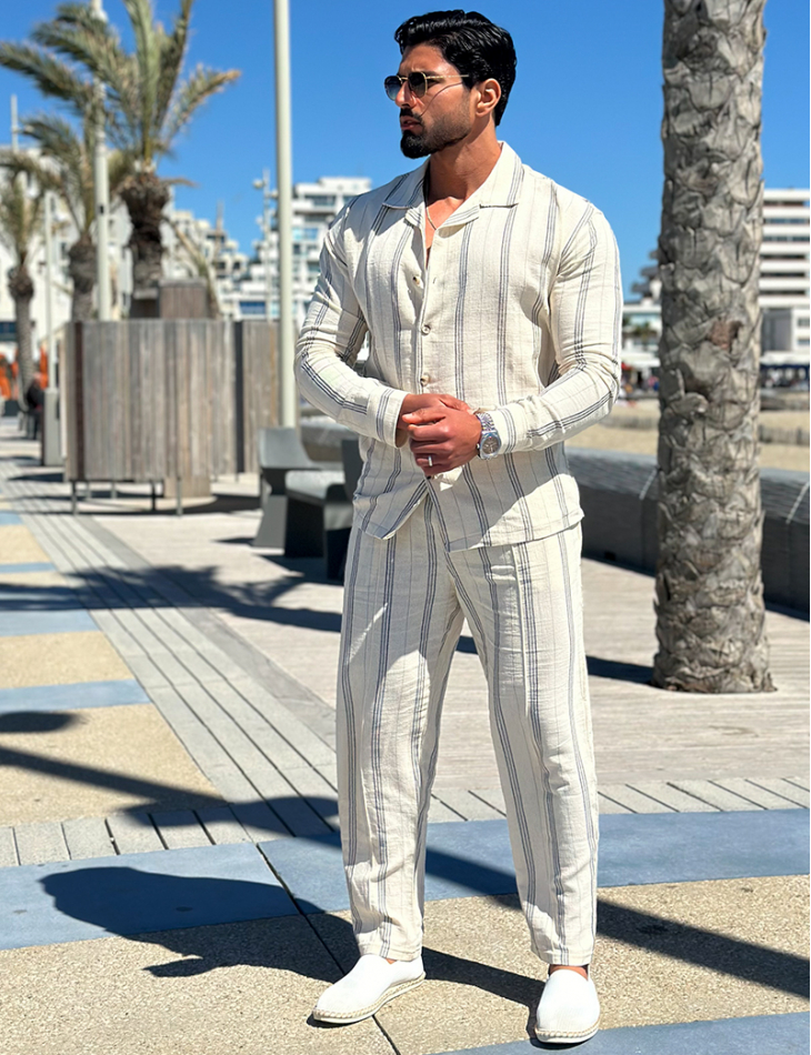 Ensemble pantalon et chemise manches longues à rayures