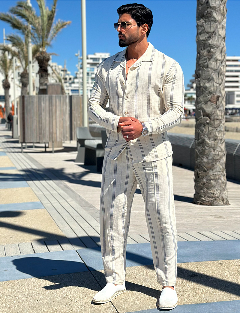 Ensemble pantalon et chemise manches longues à rayures - Main Image