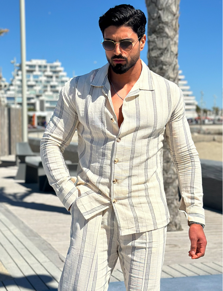 Ensemble pantalon et chemise manches longues à rayures