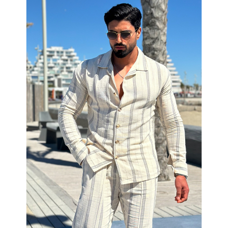 Ensemble pantalon et chemise manches longues à rayures