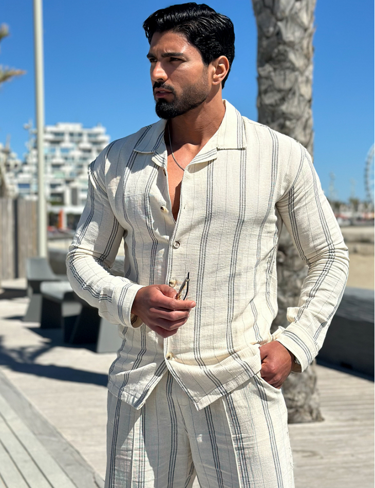 Ensemble pantalon et chemise manches longues à rayures