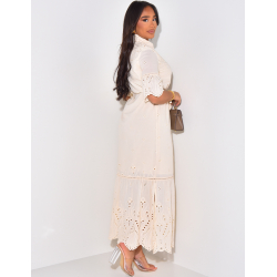 Robe longue col chemise à broderies & ceinture à la taille