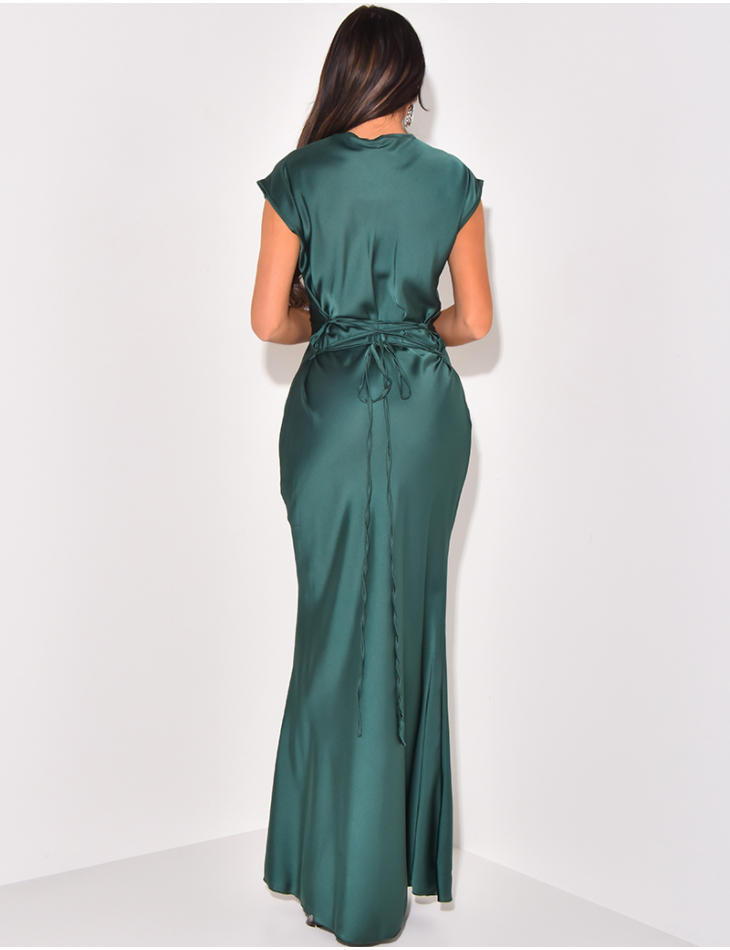 Robe longue manches courtes en satin à lacets dans le dos Robe longue manches courtes en satin à lacets dans le dos
