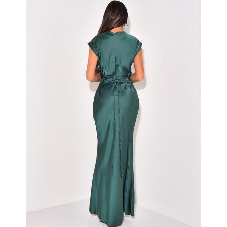 Robe longue manches courtes en satin à lacets dans le dos Robe longue manches courtes en satin à lacets dans le dos