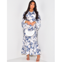 Langes Satin-Kleid zum Binden im Rücken ausgestellte Ärmel mit Blumenmuster