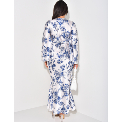 Langes Satin-Kleid zum Binden im Rücken ausgestellte Ärmel mit Blumenmuster