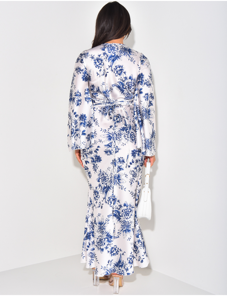 Langes Satin-Kleid zum Binden im Rücken ausgestellte Ärmel mit Blumenmuster