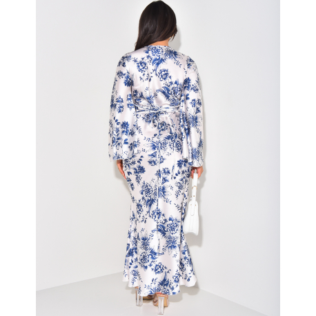 Langes Satin-Kleid zum Binden im Rücken ausgestellte Ärmel mit Blumenmuster