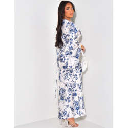 Langes Satin-Kleid zum Binden im Rücken ausgestellte Ärmel mit Blumenmuster
