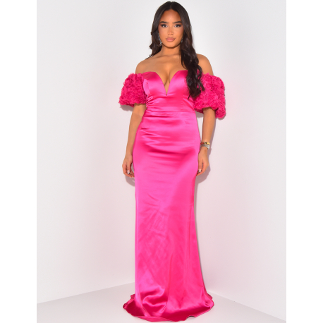 Langes Premium-Kleid mit Blumenärmeln Langes Premium-Kleid mit Blumenärmeln