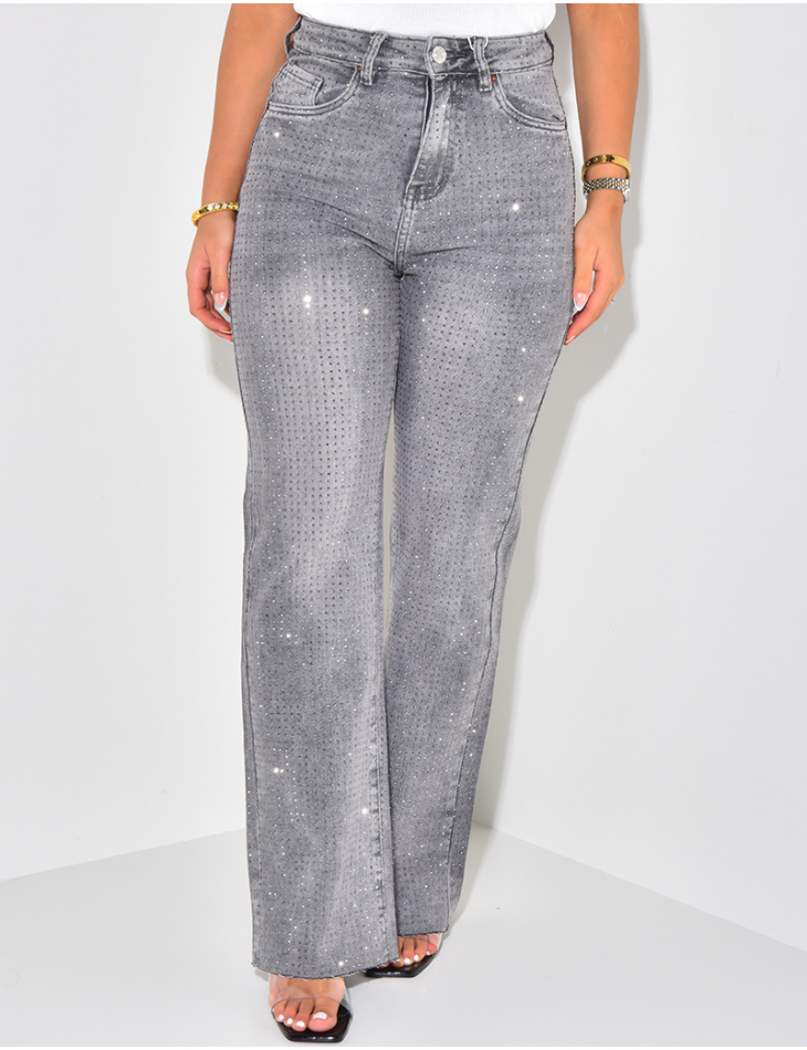 High waisted straight leg jeans with rhinestones on both sides