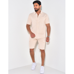 Ensemble short et chemise à poches texturé