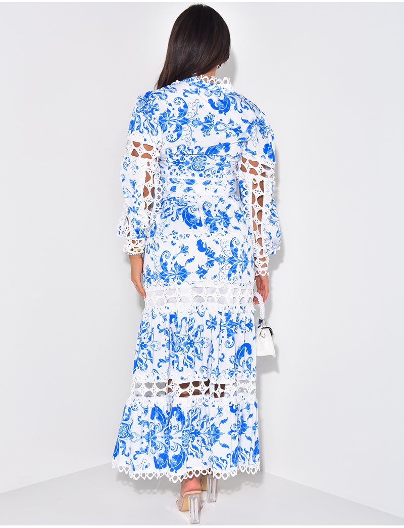 Ensemble chemisier et jupe longue à volants dentelle à motif