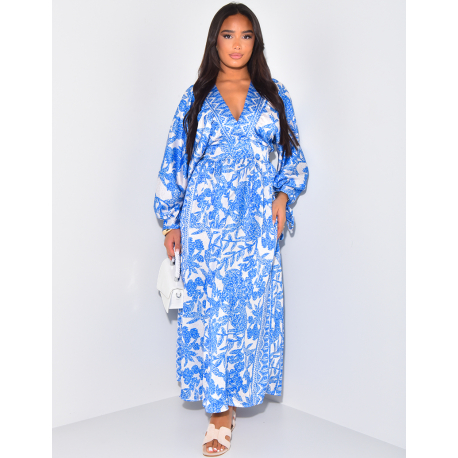 Robe cache-coeur en satin imprimé à noeuds aux manches