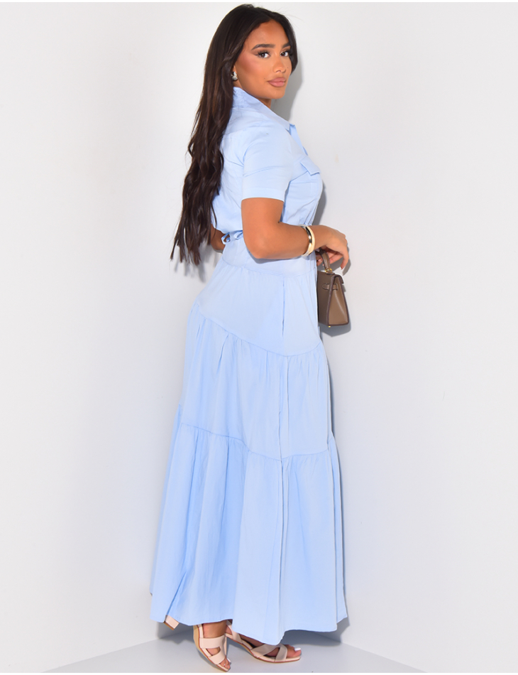 Robe chemise longue évasée à coutures asymétriques