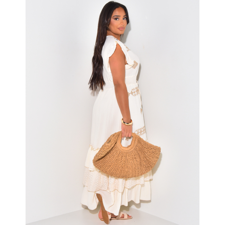 Langes Bohème-Kleid mit Stickereien und Volants