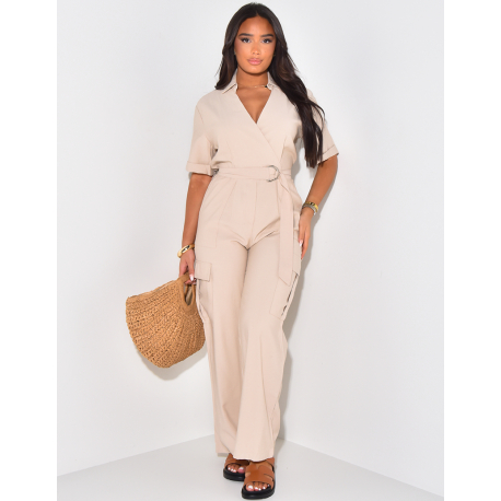 Langer Jumpsuit mit Cargotaschen & Gürtel