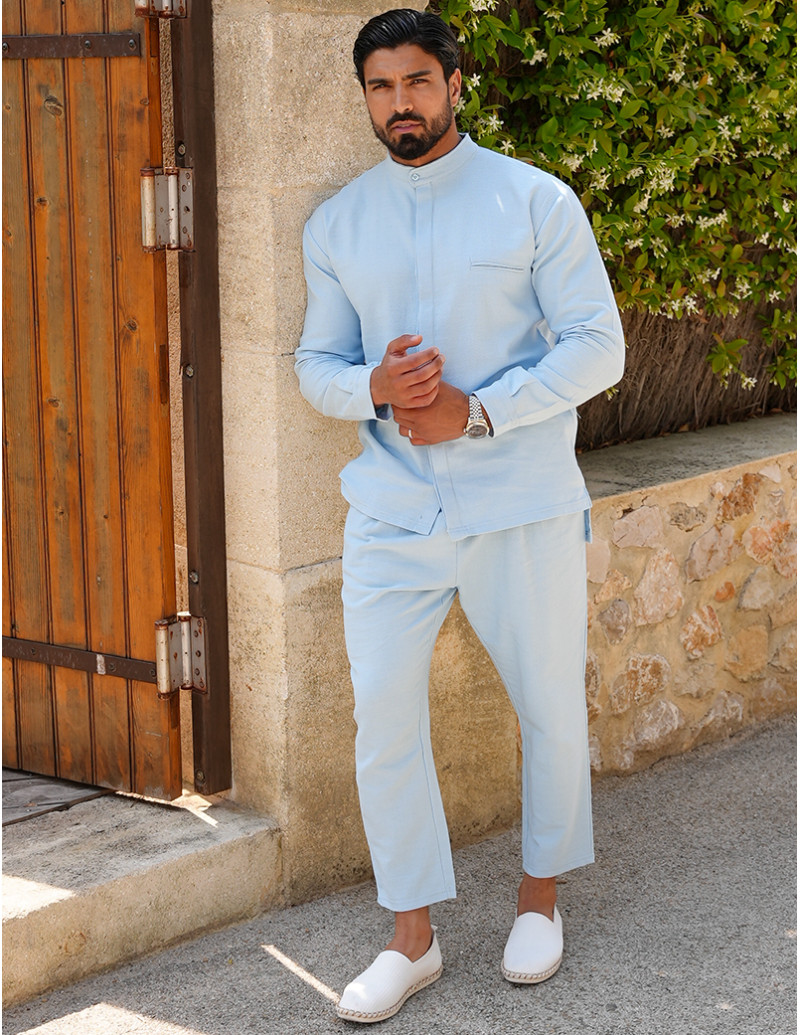 Ensemble pantalon et chemise à col rond texturé
