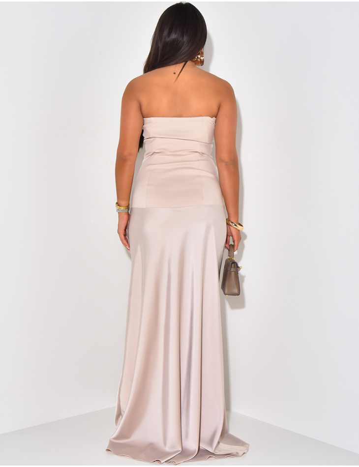 Long bi-material strapless dress