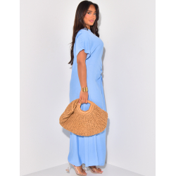 Linen-effect short-sleeved dress with tie