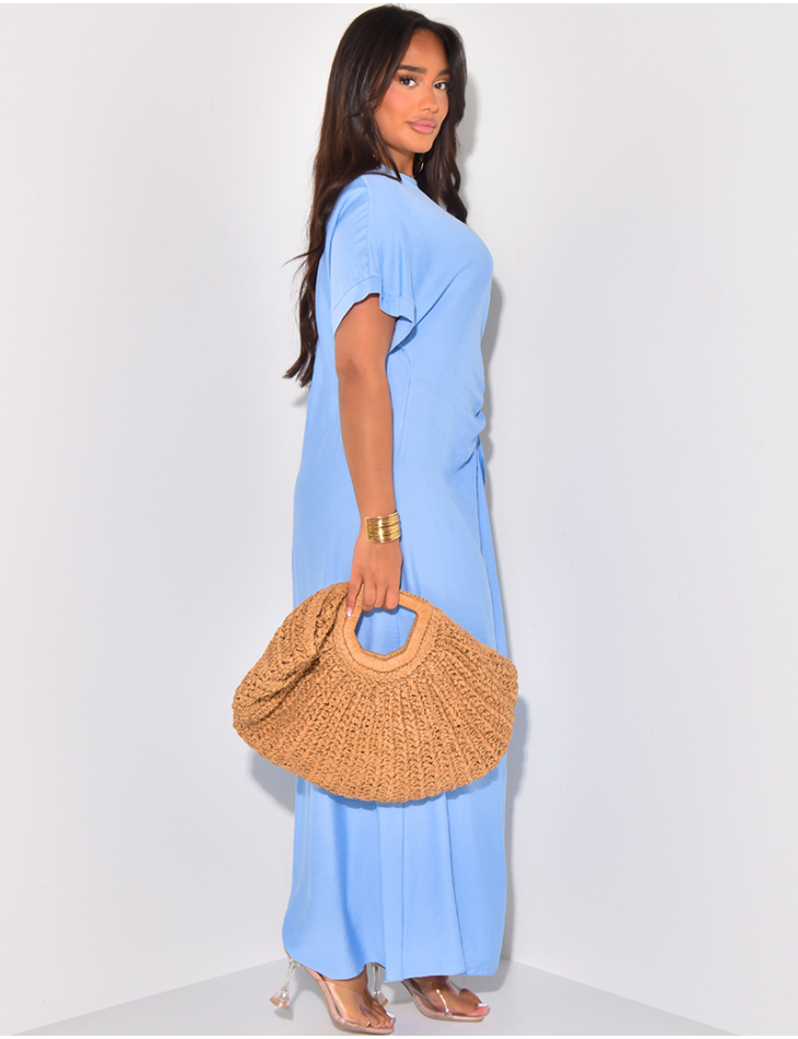 Linen-effect short-sleeved dress with tie