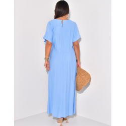 Linen-effect short-sleeved dress with tie