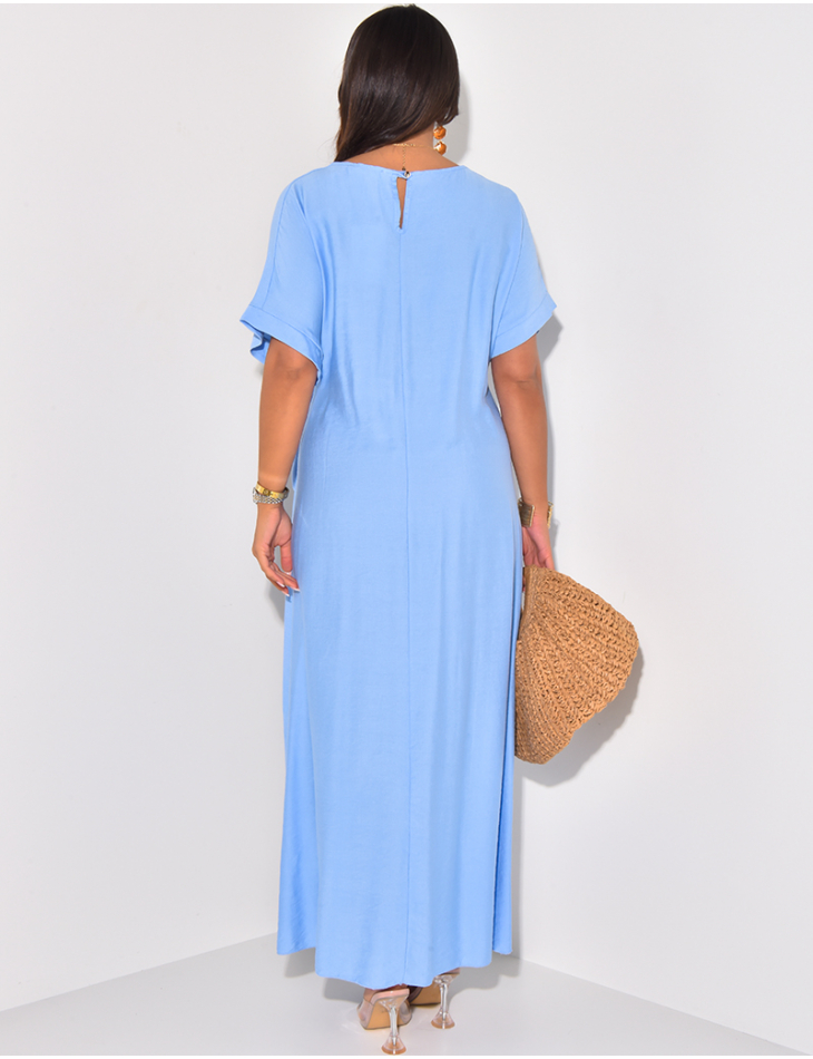 Linen-effect short-sleeved dress with tie