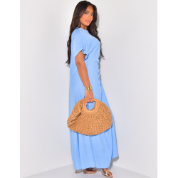 Linen-effect short-sleeved dress with tie