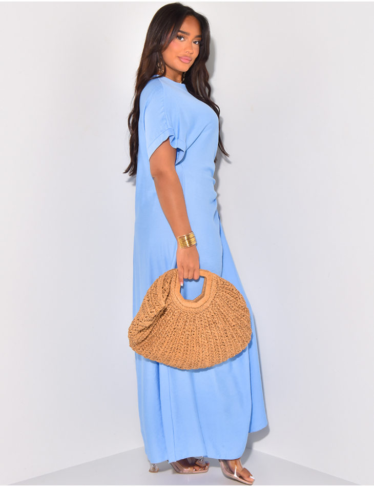 Linen-effect short-sleeved dress with tie