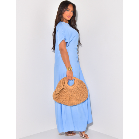Linen-effect short-sleeved dress with tie