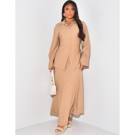 Long skirt and linen-effect tie-around shirt set