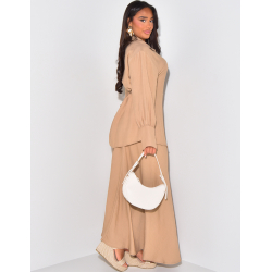 Long skirt and linen-effect tie-around shirt set