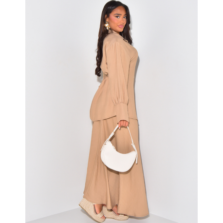 Long skirt and linen-effect tie-around shirt set