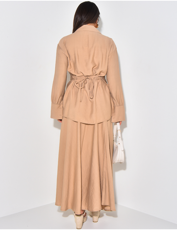 Long skirt and linen-effect tie-around shirt set