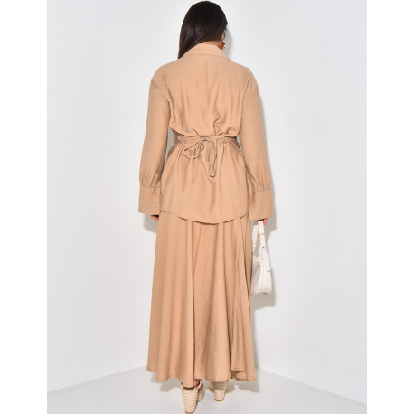 Long skirt and linen-effect tie-around shirt set