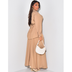 Long skirt and linen-effect tie-around shirt set