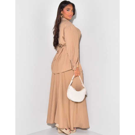 Long skirt and linen-effect tie-around shirt set