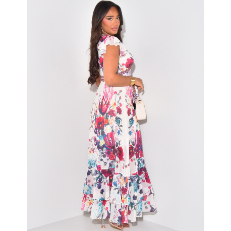 Langes Kleid aus bedrucktem Voile mit Rüschen Langes Kleid aus bedrucktem Voile mit Rüschen
