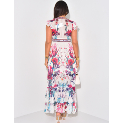 Langes Kleid aus bedrucktem Voile mit Rüschen Langes Kleid aus bedrucktem Voile mit Rüschen
