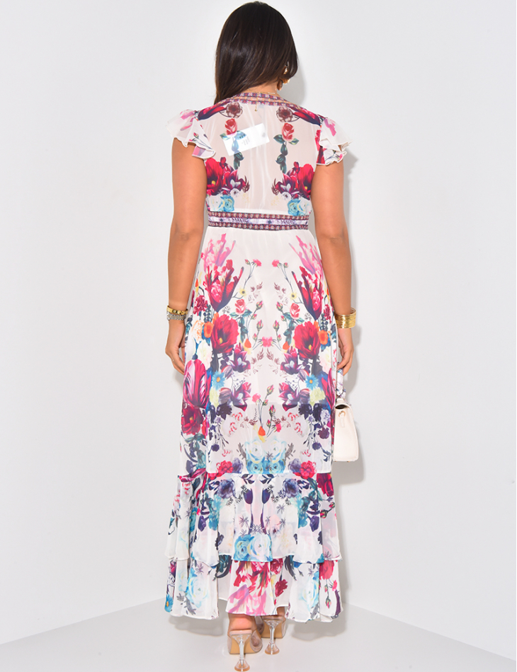 Langes Kleid aus bedrucktem Voile mit Rüschen Langes Kleid aus bedrucktem Voile mit Rüschen